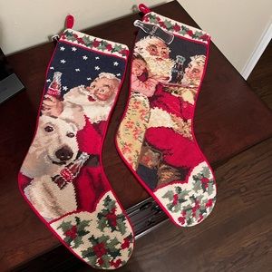 Two vintage Coca Cola Santa needlepoint Christmas stockings